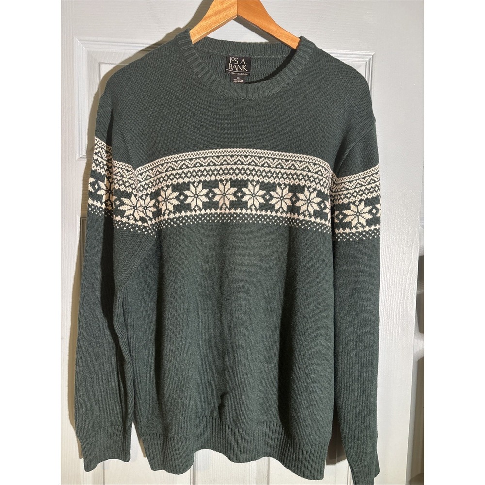 Jos. A Bank Fair Isle Green Sweater 100% Cotton Sz XL